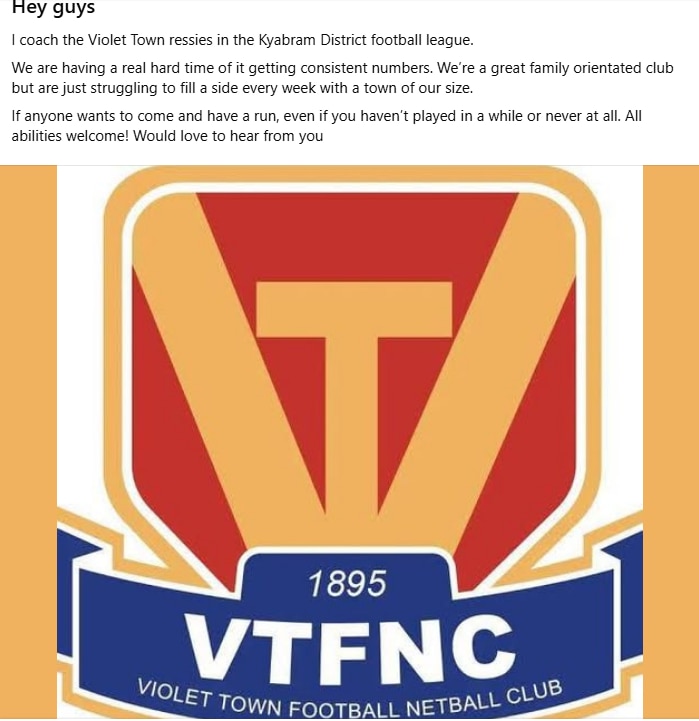 Facebook post calling for players to join Violet Town
