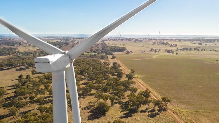 An image from the air shot from behind a wind turbine, looking over paddocks and a number of other turbines.