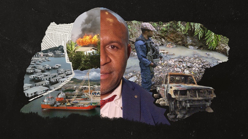 Collage of Don Matheson, Fego Kiniafa, a ship and the PNG bush