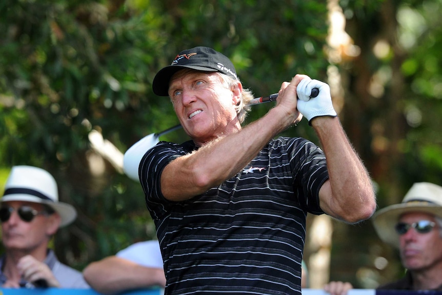 Australian golfer Greg Norman looks on after playing a shot.