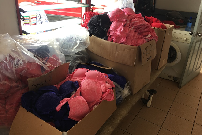 Boxes of donated bras.