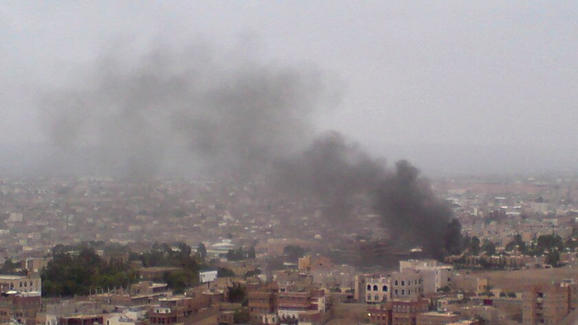Smoke rises from the area around the US embassy in Yemen