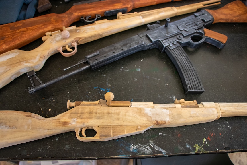 Handmade wooden rifle replicas, November 2022.