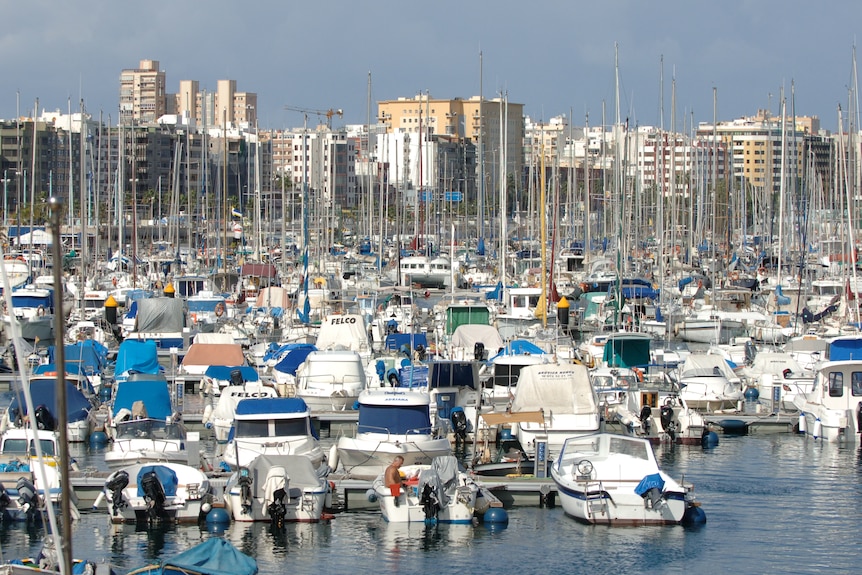 un grand port maritime avec une ville derrière lui.