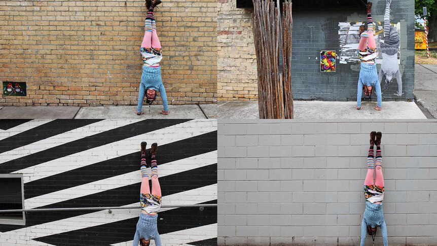 A woman does handstands against four different walls.
