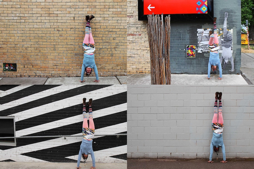 A woman does handstands against four different walls.