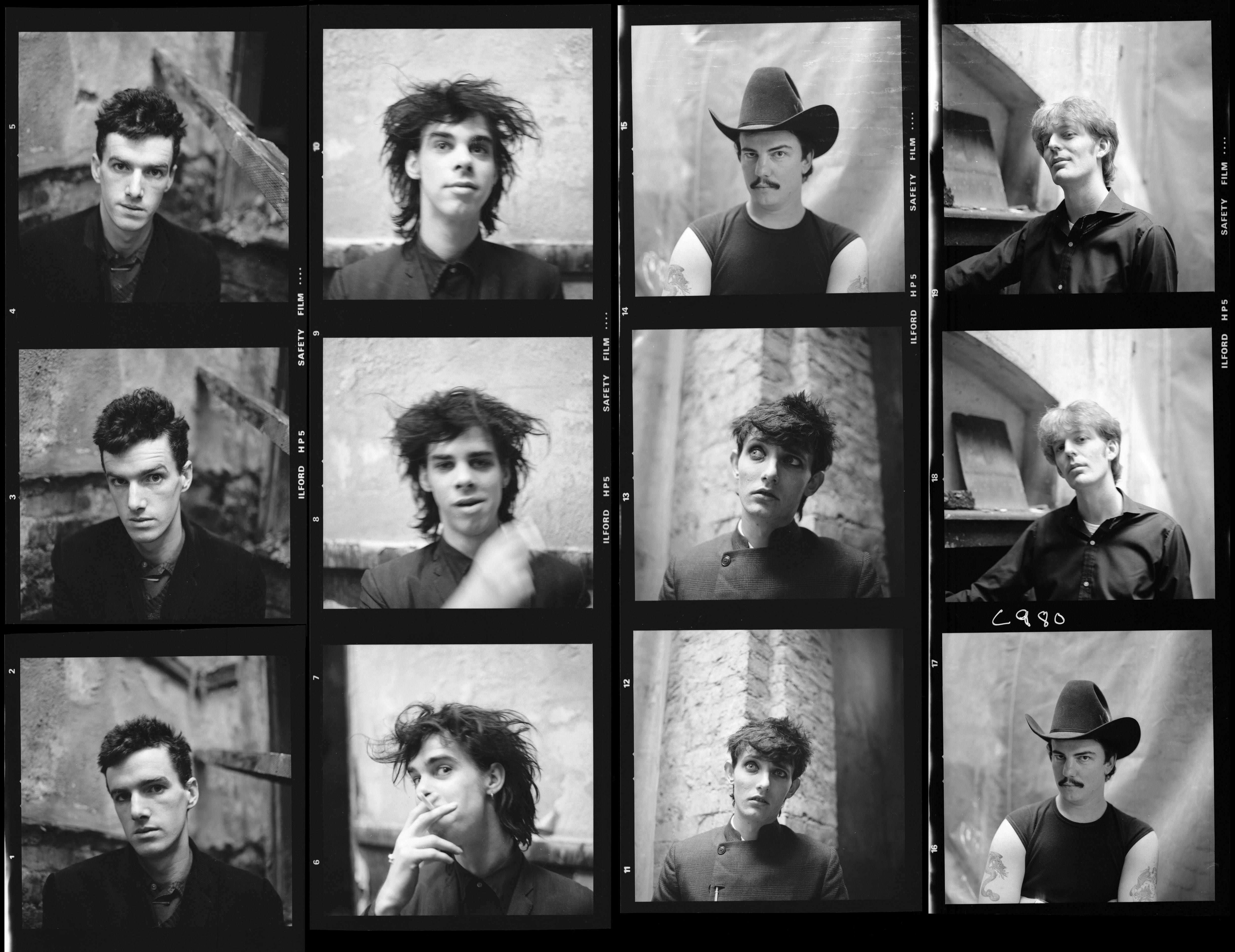 Black and white film strips of young men side by side.
