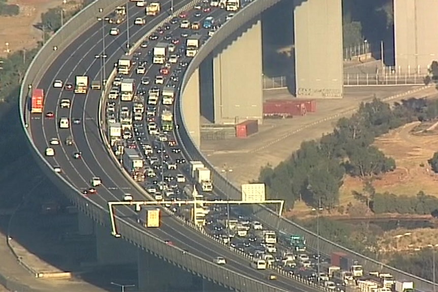 Aerial photo of traffic backed up on the West Gate Freeway.