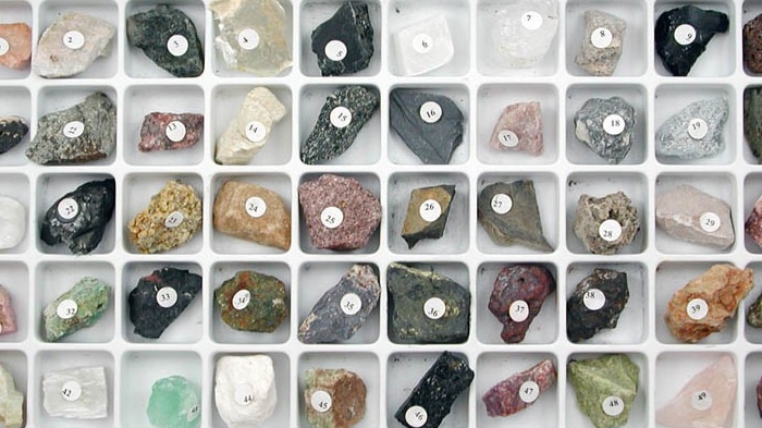 A mineral education science kit, with a variety of labelled samples.