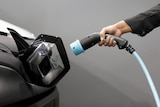 A woman holds a cable to charge an electric vehicle.