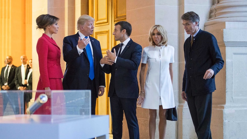 Melania Trump, Donald Trump, Emmanuel Macron and Brigitte Macron tour Marechal Foch's Tomb.
