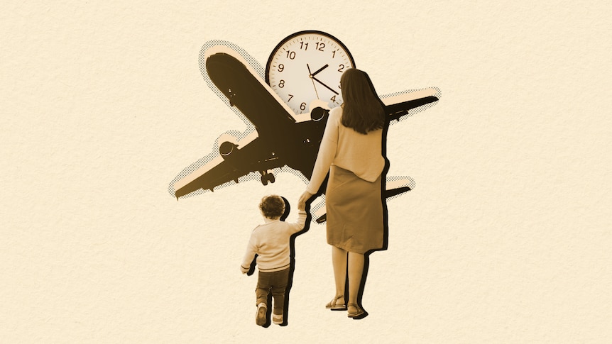 A graphic shows a mother and son walking towards a plane with a clock in the background.