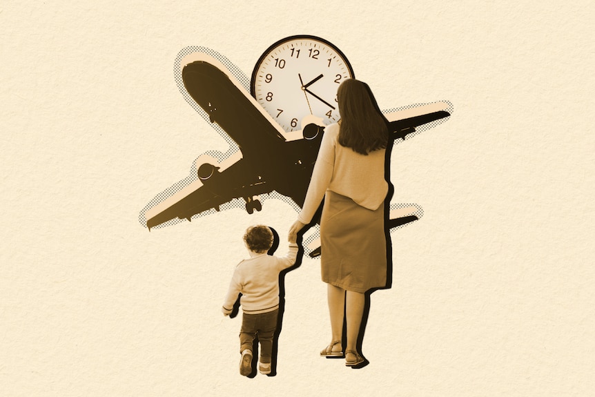 A graphic shows a mother and son walking towards a plane with a clock in the background.