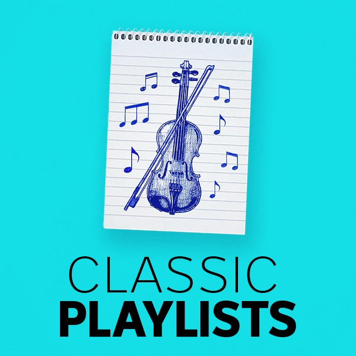 Notepad page with violin drawing and Classic Playlists logo