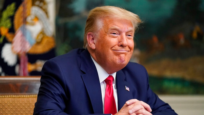 You see Donald Trump, wearing a blue suit and red tie, smiling as he sits at a desk.