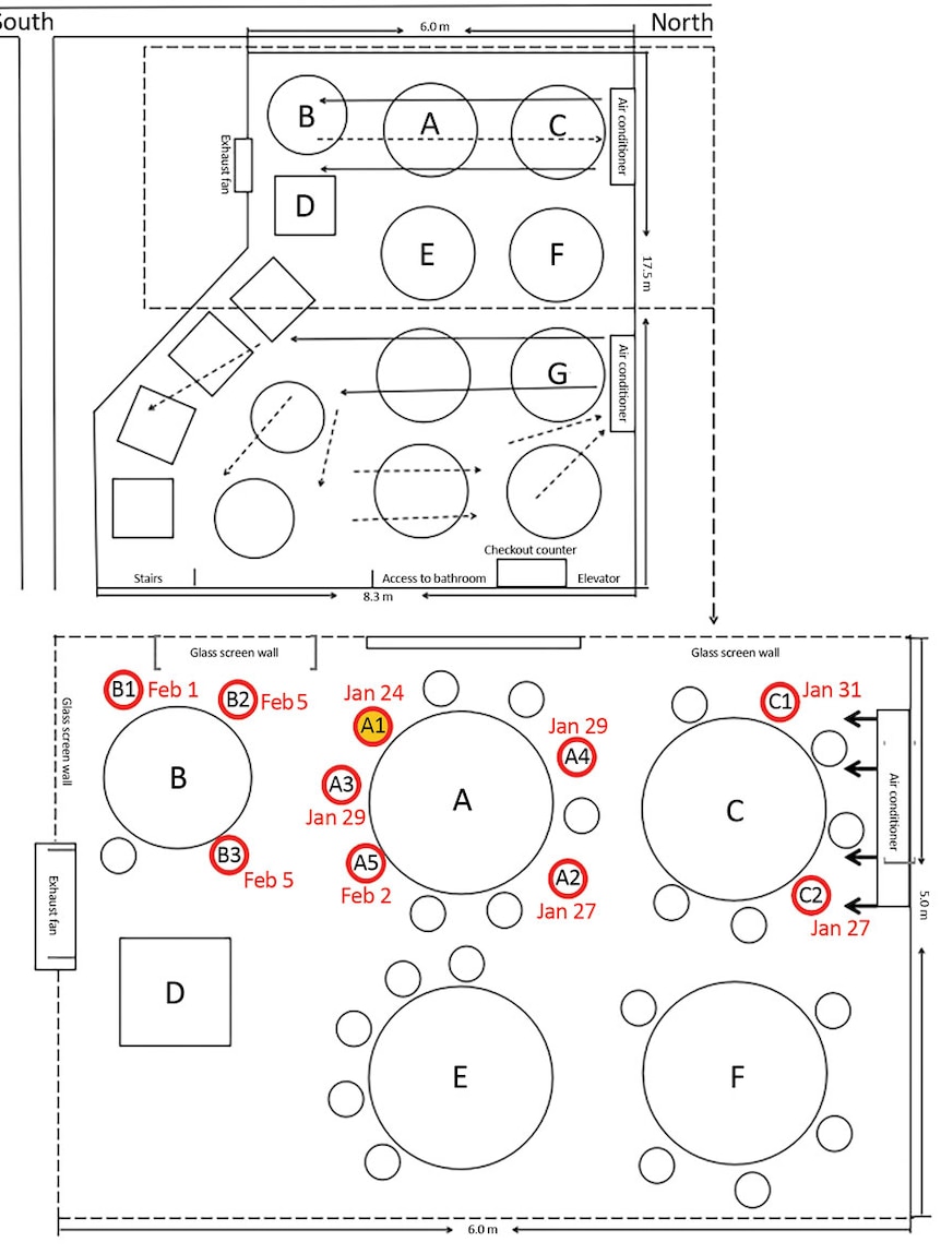 A diagram showing the people who caught COVID-19 in red were in line with the air conditioner.