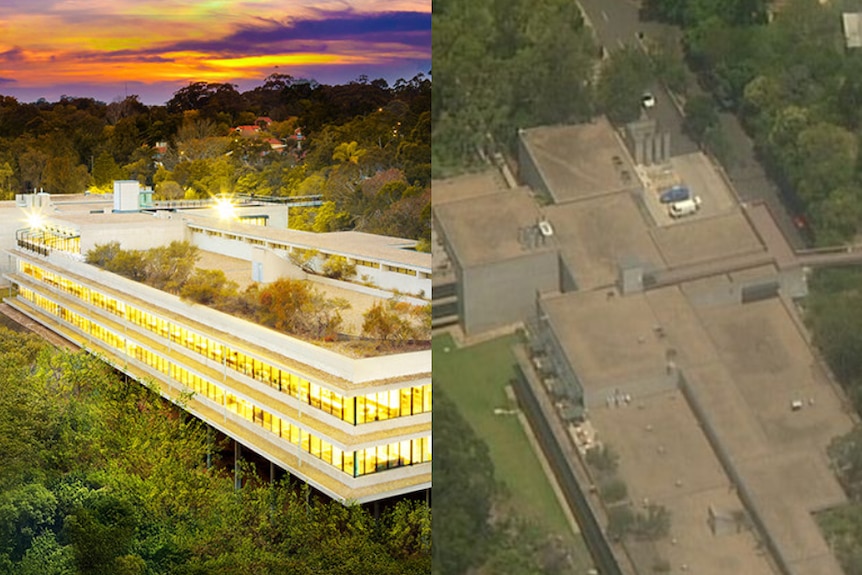 A composite image showing the roof of a Scientology building in 2016 and the same building in 2018
