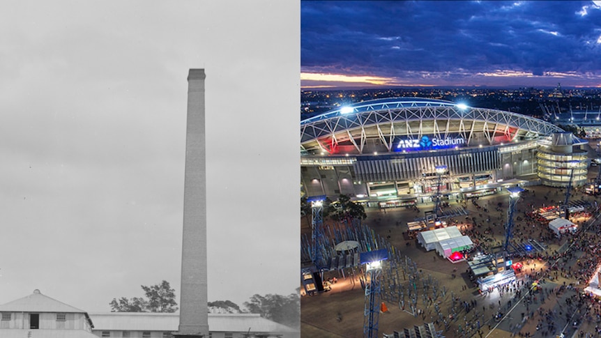 A composite shows a black and white photo of the old Homebush brick works and a colour photo of ANZ stadium