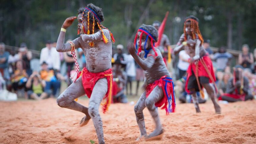 Young dancers in traditional dance performance for Garma 2014