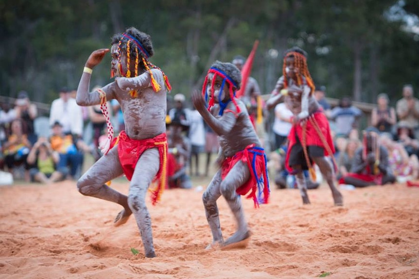 Young dancers in traditional dance performance for Garma 2014