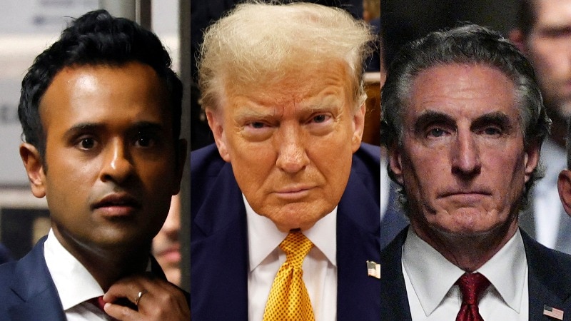 A composite image of headshots of Vivek Ramaswamy, Donald Trump and Doug Burgum