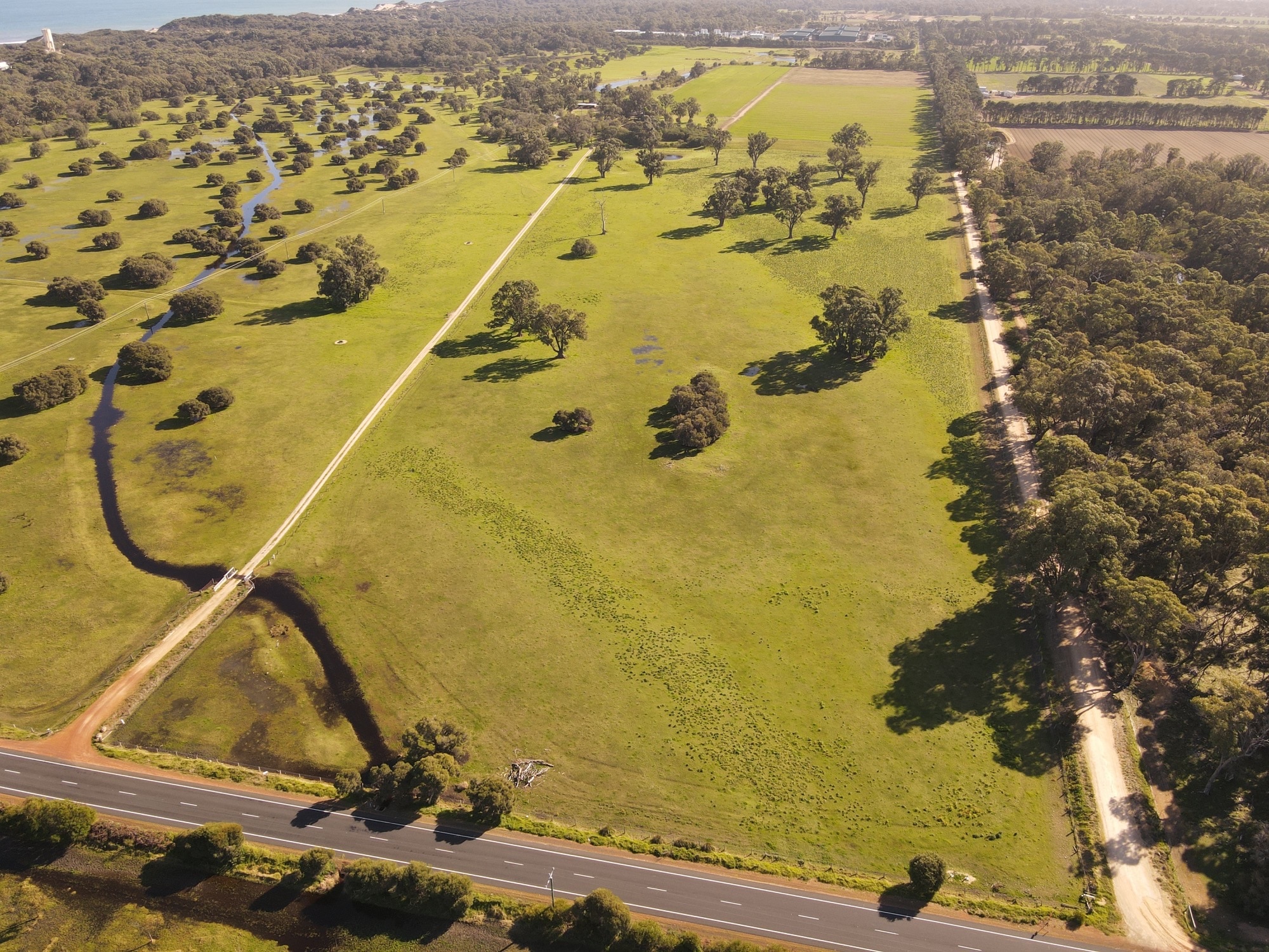 A large green paddock, an aerial view
