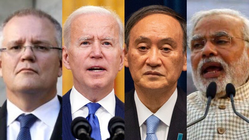 A composite image of Scott Morrison, Joe Biden, Yoshihide Suga, and Narendra Modi