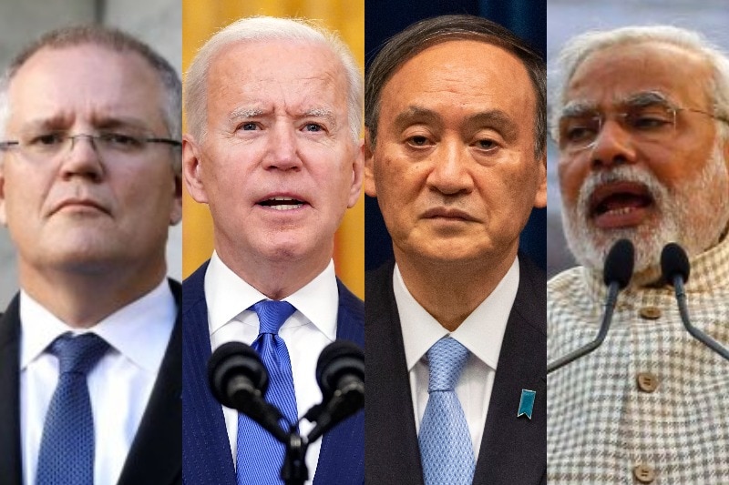 A composite image of Scott Morrison, Joe Biden, Yoshihide Suga, and Narendra Modi