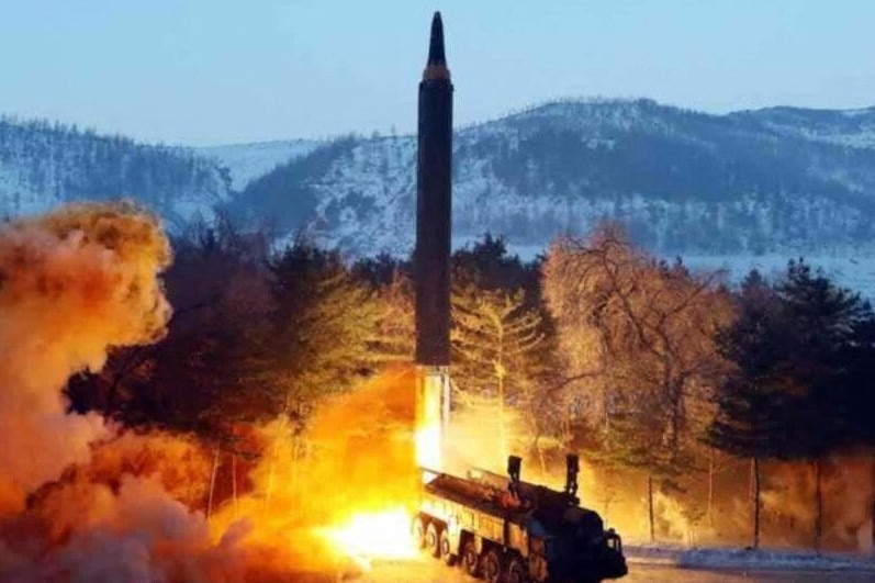 Fire beneath a missile which has been fired in North Korea.