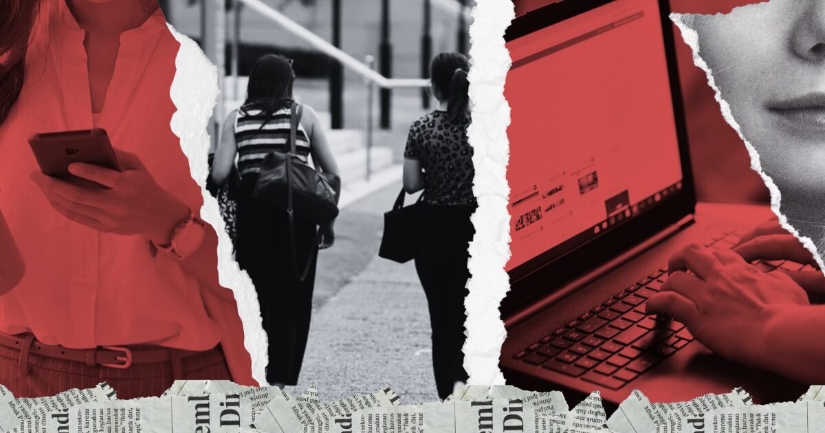 A graphic of a laptop, two female students walking on campus, a woman on her phone, overlayed in red and white.