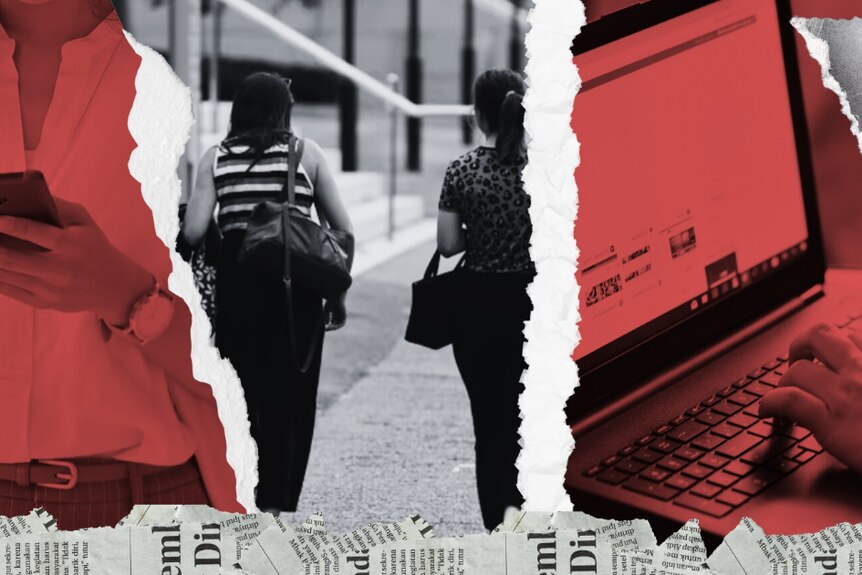 A graphic of a laptop, two female students walking on campus, a woman on her phone, overlayed in red and white.
