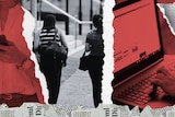 A graphic of a laptop, two female students walking on campus, a woman on her phone, overlayed in red and white.