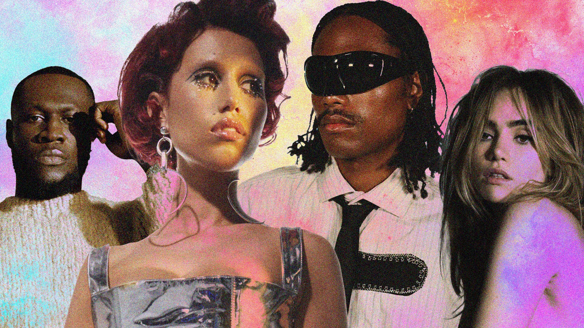 Collage photo of Stormzy, Raye, Steve Lacey and Suki Waterhouse with pinkish filter