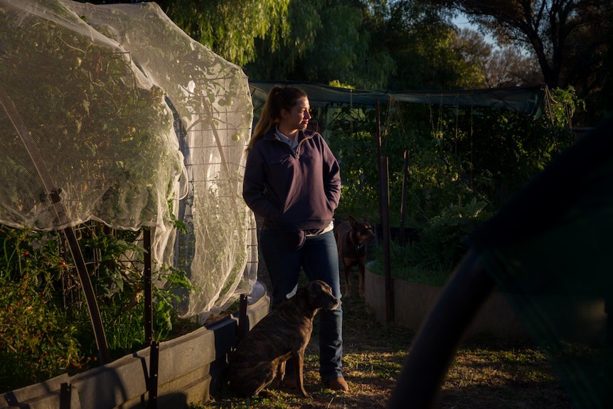 A young woman stands with her dog near a netted off vegetable garden