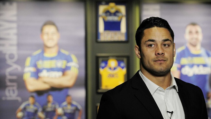 Jarryd Hayne during a press conference to confirm he is quitting NRL in October, 2014.