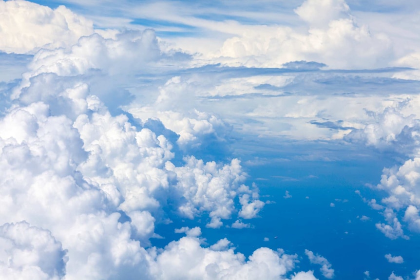 Close-up shot of giant white cumulus clouds drifting across a blue sky.