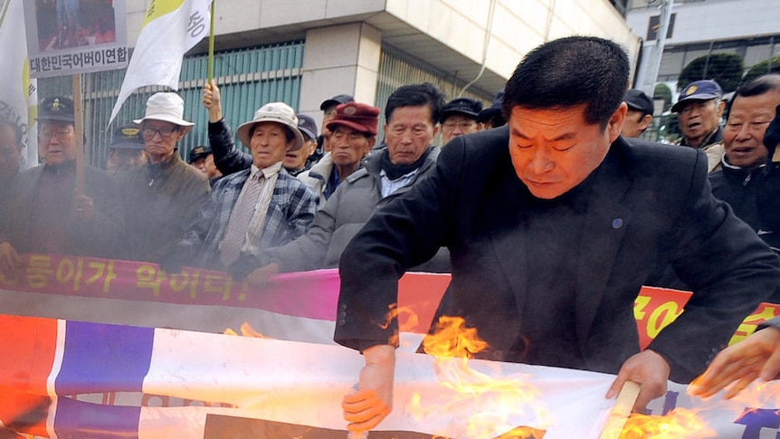 Activists in Seoul burn a North Korean flag and portraits of Kim Jong-il and Kim Jong-un.