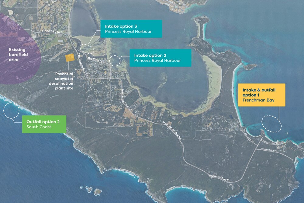 A map showing possible sites for desalination plants near Albany.