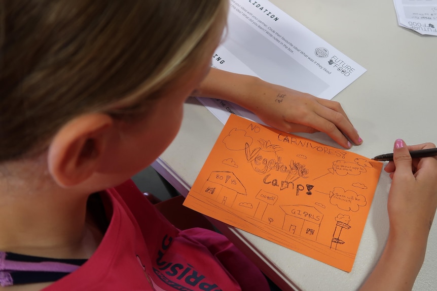 The camera looks over the shoulder of a young student setting out a plan on orange card for a vegetable camp.   