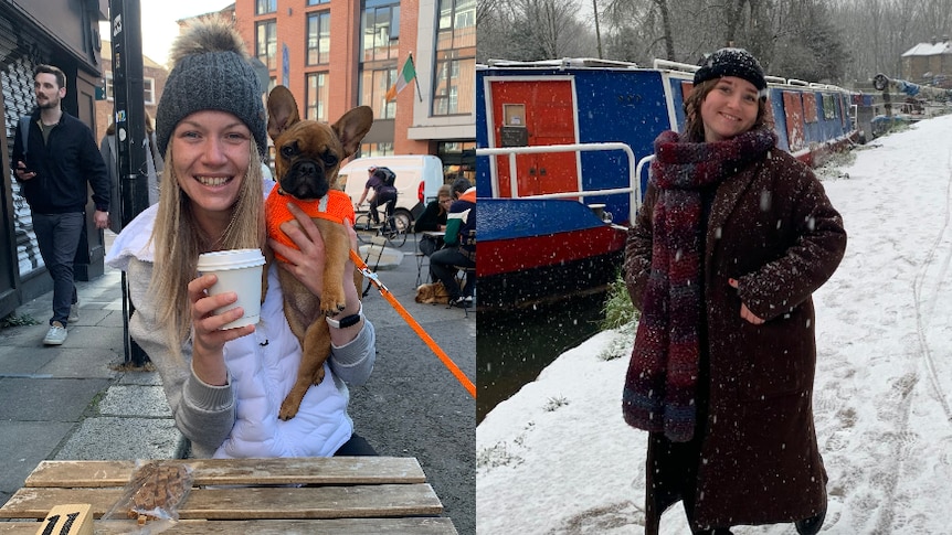 Composite image of a woman sitting down holding a dog and a takeaway coffee cup (left) and a woman standing in the snow (right).