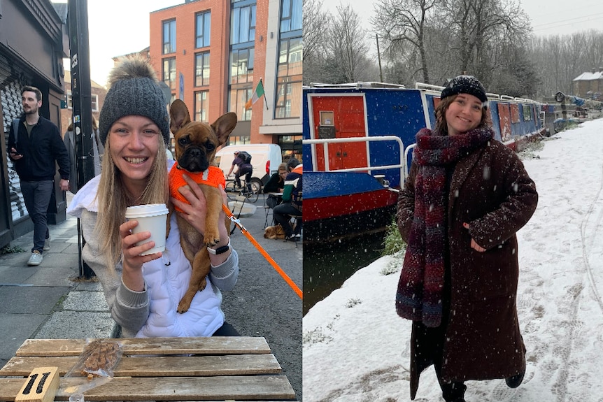 Composite image of a woman sitting down holding a dog and a takeaway coffee cup (left) and a woman standing in the snow (right).