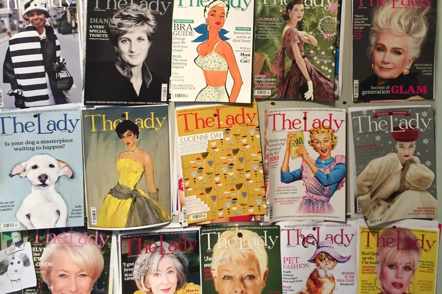 A wall of The Lady magazine covers in London.