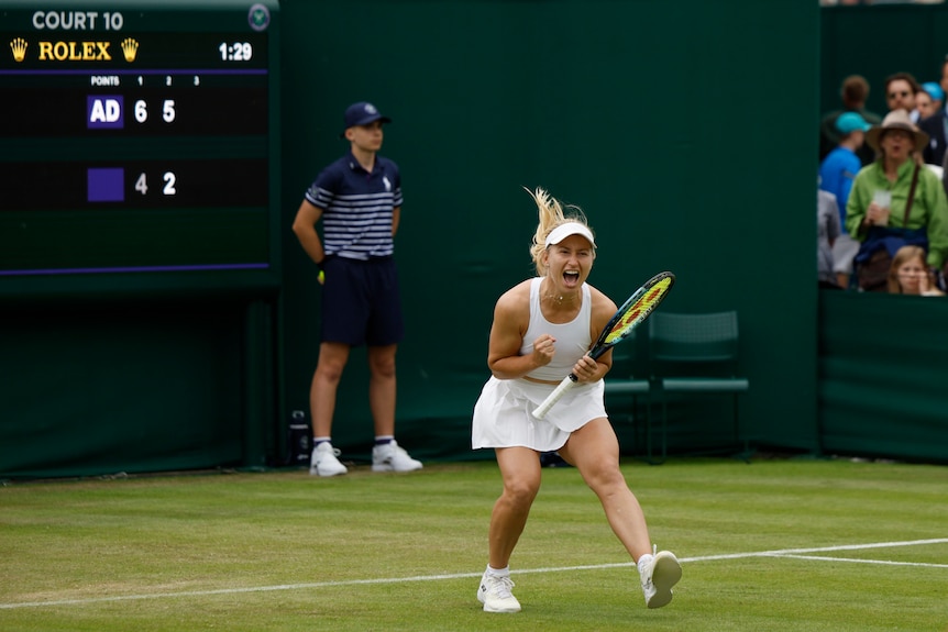 Daria Saville celebrates at Wimbledon