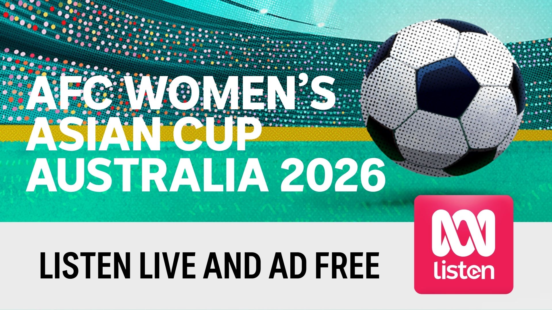 Graphic of soccer ball on field with stadium in background with white and black text 