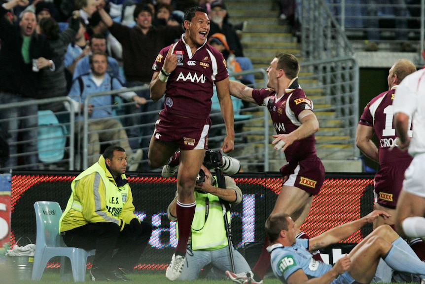 Maroons' Israel Folau celebrates after scoring a try in Origin II, 2008