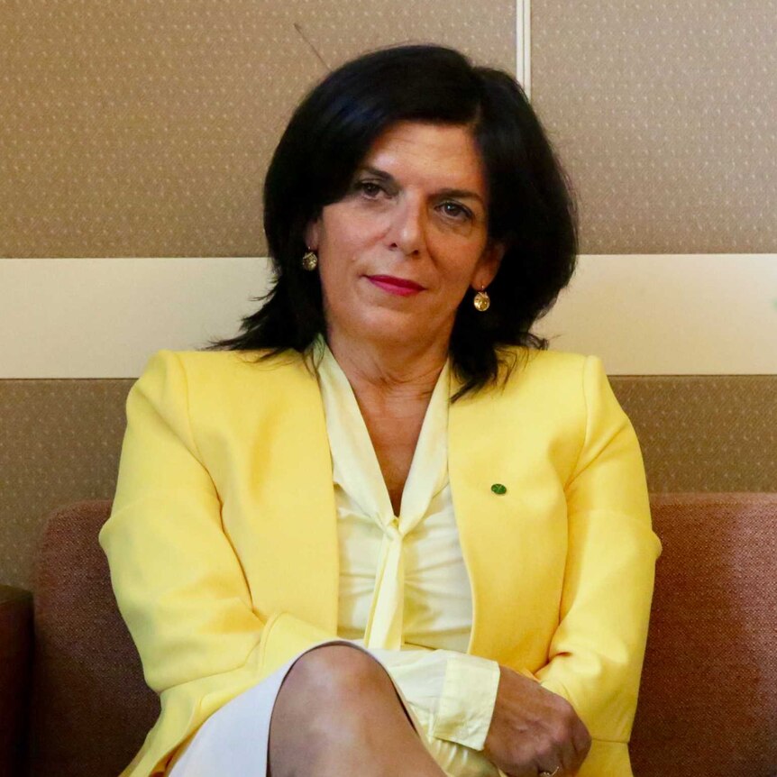 Julia Banks, in yellow, sits on a chair with her legs crossed and arms folded in her lap, with a neutral expression on her face.