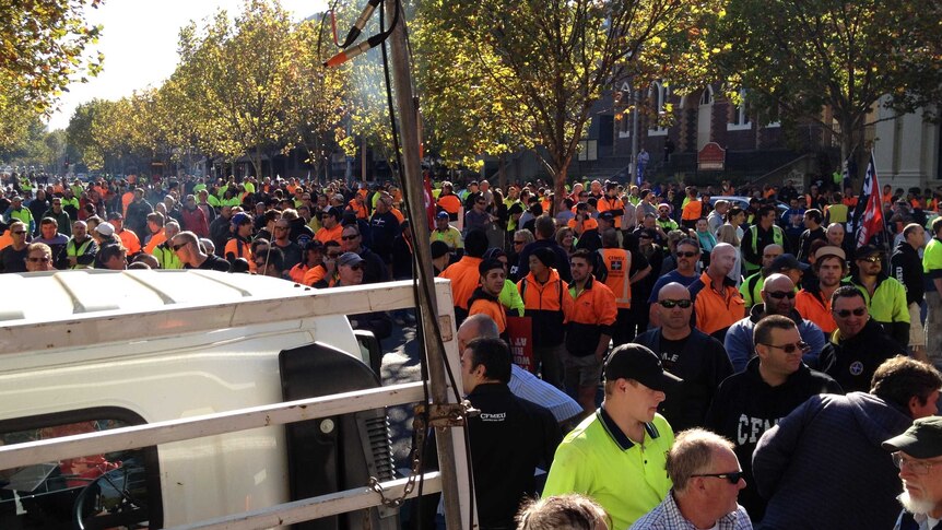 Workers rally in the CBD over what they say are unsafe work practices at Grocon sites