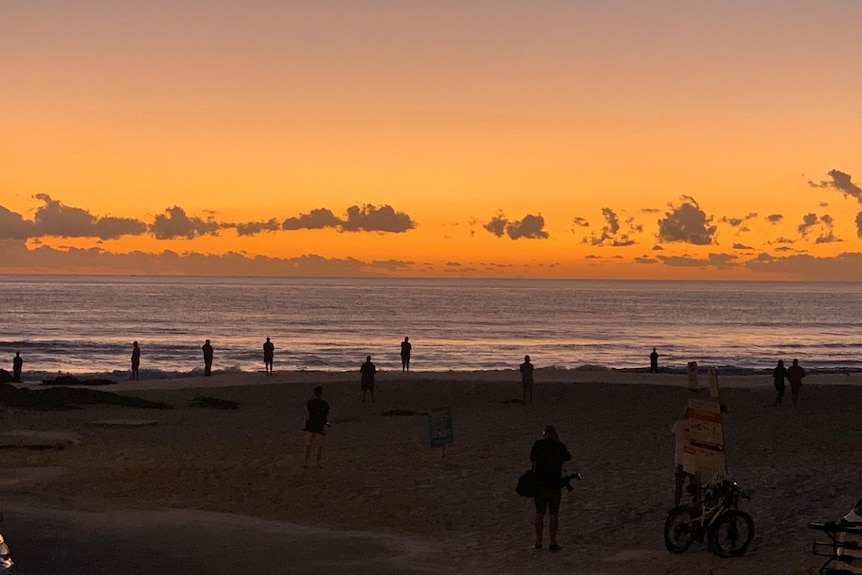 People standing along a beachfront watching the sunrise