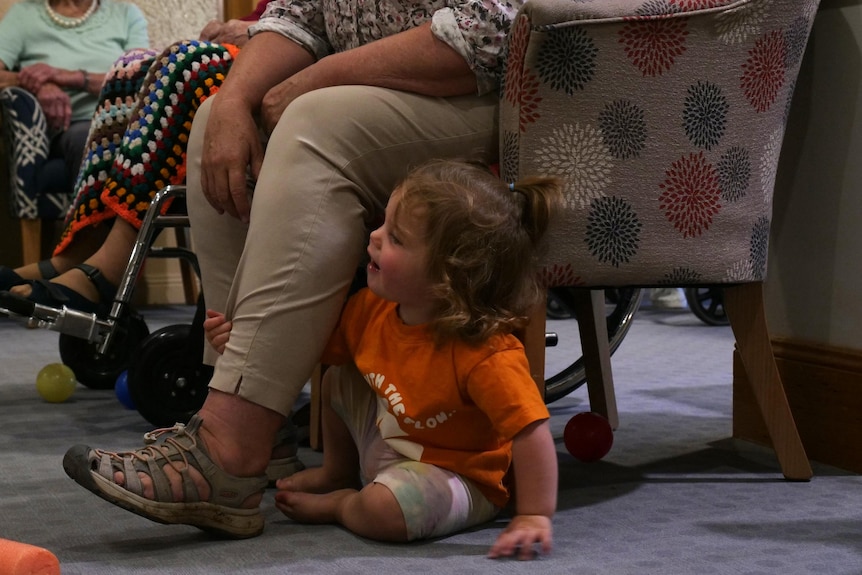a toddler in an orange shirt peers around a leg