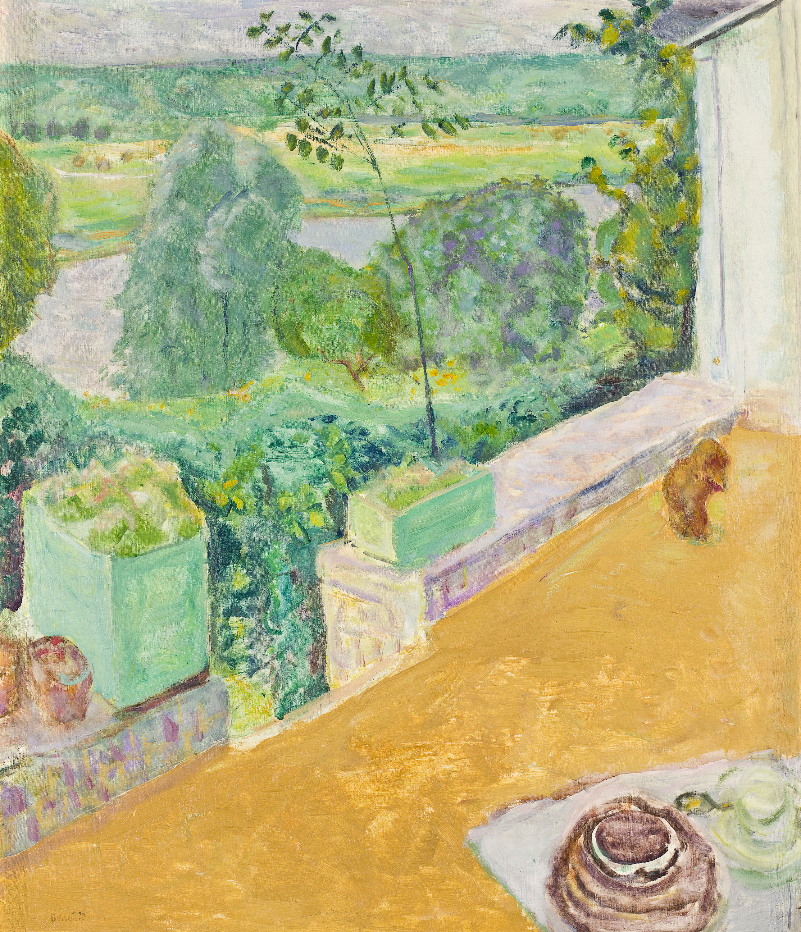 An oil painting of a landscape seen from a terrace. On the terrace is a small dog.